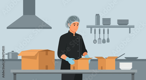 Chef Preparing Orders In Commercial Kitchen For Catering Services