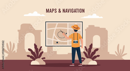 Adventurous Explorer Navigating With Map On Worldly Destination Illustration