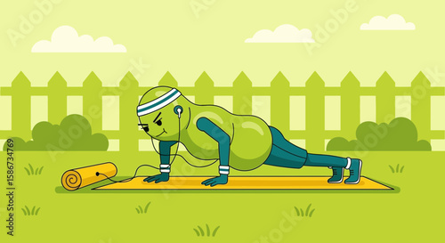Dedicated Avocado Doing Pushups On A Yoga Mat With Green Background