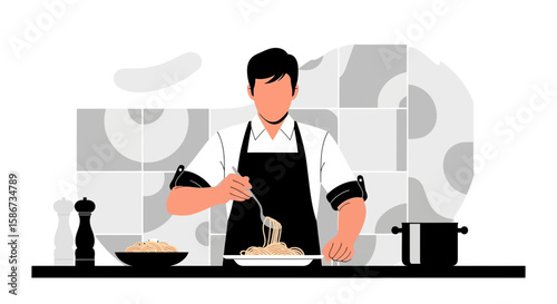 Chef Preparing Spaghetti Dish In Modern Kitchen Illustration Concept
