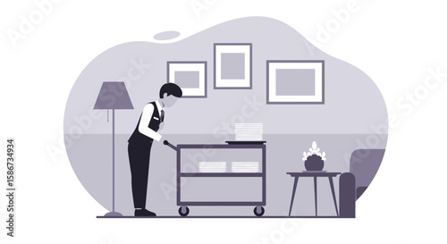 Dedicated Hotel Attendant Moving Cart With Fresh Linens In Comforting Environment