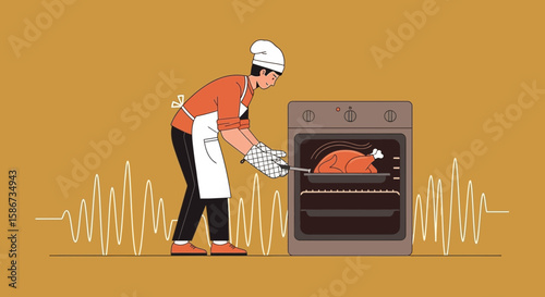 Chef Preparing Thanksgiving Dinner At Home With Roasted Turkey In Oven