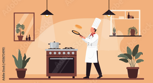 Dedicated Chef Tossing Pancakes Skillfully In Domestic Kitchen Setting With Modern Ambiance