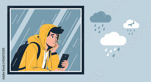 Delayed Flight And Rainy Day Sad Traveler Checking Phone At Airport Window