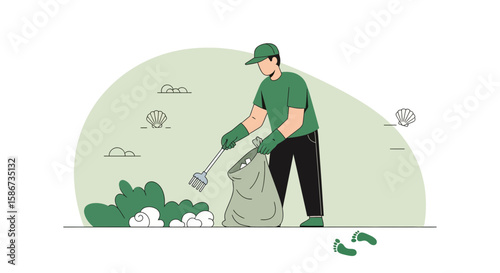 Dedicated Volunteer Raking Beach Litter Into Sack For Cleaner Environment