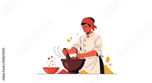 Chef Preparing Traditional Spices Using Mortar And Pestle With Artistic Style