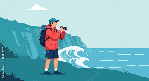Adventurous Hiker Capturing Scenic Coastal Views With His Camera During Summer Holiday