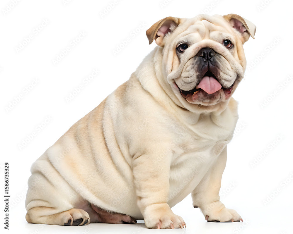 Obraz premium Portrait of a light colored english bulldog sitting against a white background with its tongue out