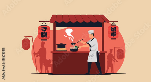Delicious Japanese Street Food Vendor Preparing Ramen Noodles With Lanterns