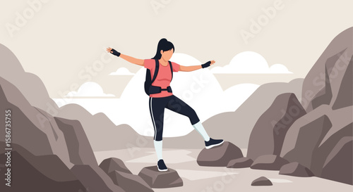 Adventurous Hiker Exploring Mountainous Terrain Amidst Rocks And Stunning Views