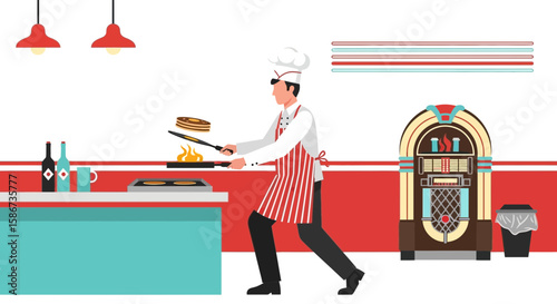 Chef Tossing Pancakes In A 1950s Diner With A Jukebox Design
