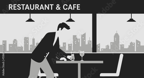 Businessman Drinks Cocktails In Restaurant With Cityscape View In Evening