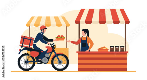Fast Food Delivery By Motorcycle From Local Vendor In Vector Illustration