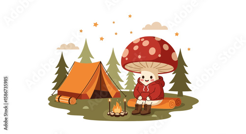 Delightful Mushroom Character Enjoying Camping Trip In The Forest Illustration