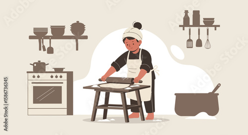Child Baker Rolling Dough In The Kitchen Scene With Utensils Illustration