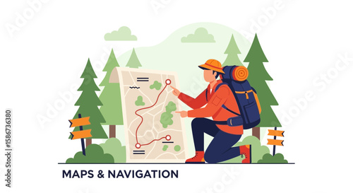 Adventurous Hiker Plotting Strategy With Route Map Amidst Evergreen Forest Scenery