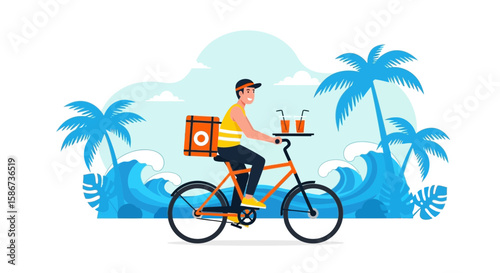 Delivery Guy On Bike Enjoying Scenic Beach Ride Delivering Refreshments