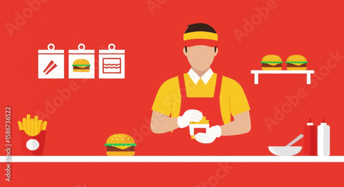 Fast Food Restaurant Worker Preparing a Meal in a Red Background Scene