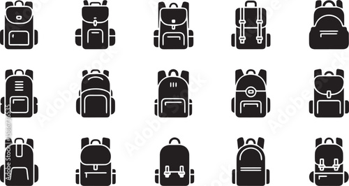 Backpack line icons – travel gear, hiking bags and school essentials in outline style

