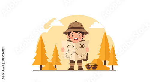 Adventurous Kid Reads A Map To Find Hidden Treasure Chest In Woods
