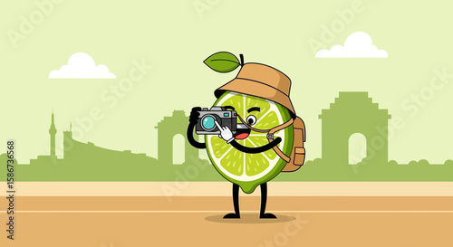 Adventurous Lime Character Capturing Landmarks on a Whimsical Journey Around the World