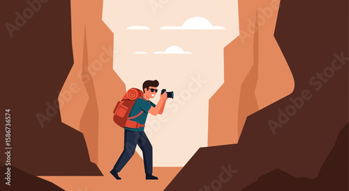 Adventurous Man Capturing Nature's Majesty During Hiking Trip In Mountains