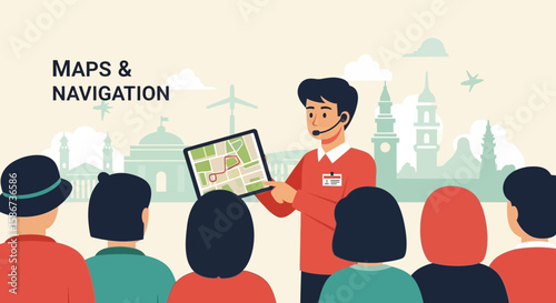 City Tour Guide Explaining Route With A Digital Tablet To His Group