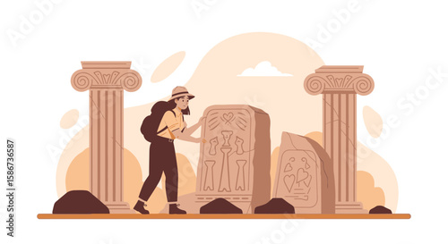 Female Archaeologist Exploring Ancient Ruins And Analyzing Hieroglyphic Inscription