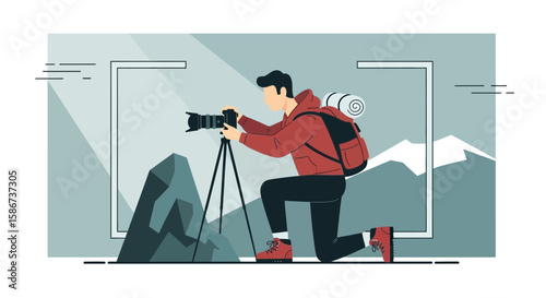 Adventurous Photographer Capturing Scenic Landscape with Professional Camera