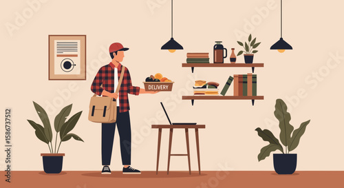 Delivery Service Flat Vector Illustration Of Food Courier Man At Home