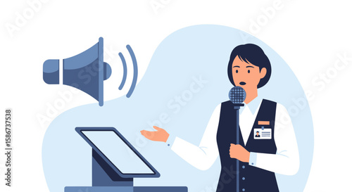 Female Presenter Giving Speech With Megaphone And Digital Display Device