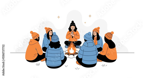 Campfire Stories Under A Twinkling Sky Shared Among Friends In Winter Scene