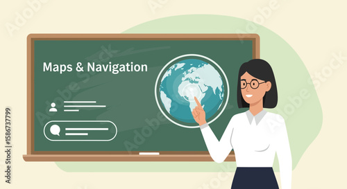 Female Teacher Explaining Maps And Navigation On Blackboard Displaying Global Information