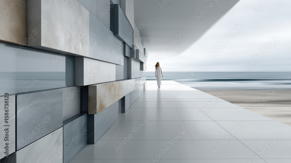 Obraz premium A woman walks to an empty sea beach on a white tiled floor along a large wall. wall is made of multi-colored bricks and has a futuristic design. sea is calm. concept dream of loneliness and peace