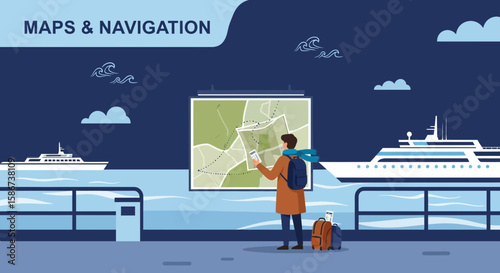 Adventurous Traveler Checks Map at The Dock Near Cruises Ships Illustration