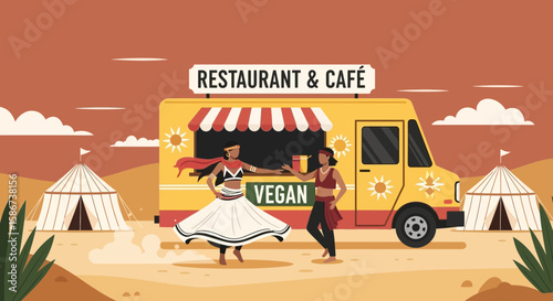 Festival Food Truck Featuring Dancers Serving Vegan Cuisine In Desert Landscape