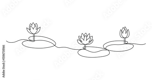Lotus flowers on the leaves of water lilies, drawn in continuous line in minimalist style, design element, abstraction, natural aesthetics, one line, editable vector contour.