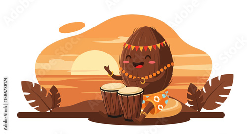 Coconut Character Playing Drums During Sunset Cartoon Vector Illustration Design