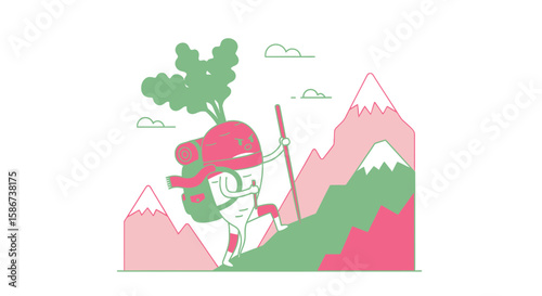 Determined Beet Hiker Conquering Mountain Adventure Vector Illustration
