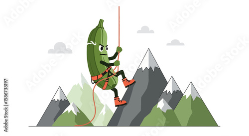 Determined Cucumber Conquers Mountain Cartoon Illustration Style Isolated