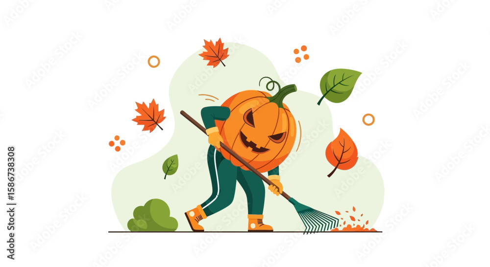 Fototapeta premium Festive Fall Cleaning Pumpkin Character Raking Leaves In Colorful Autumn Scene