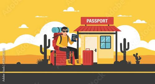 Adventurous Traveler Waits at the Desert Passport Control on Vacation Trip