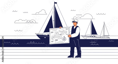 Captain Showing Route Map Beside Sailboats for Vacation or Summer Journey