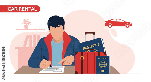 Car Rental Agreement Process Before Summer Vacation With Suitcase And Passport