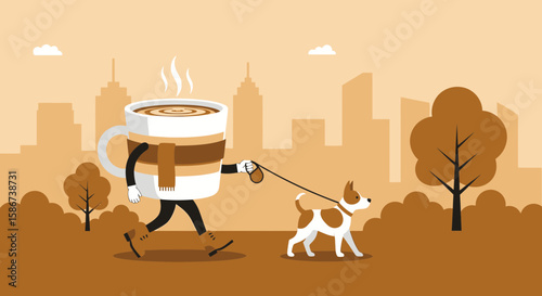 Coffee Cup Character Walking a Dog in City Park Cartoon Illustration