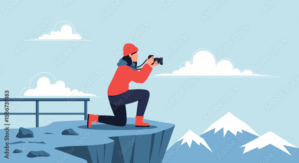 Obraz premium Adventurous Woman Taking Mountain Pictures With Digital Camera Vector Illustration