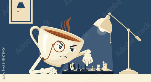 Coffee Cup Playing Chess In A Room In The Evening With A Table Lamp