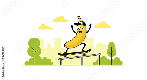 Cartoon Banana Character On Skateboard Performing Grind Trick Illustration