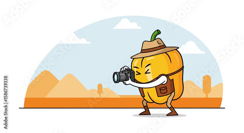 Adventurous Yellow Pepper Taking Pictures of Landscape with Camera Illustration