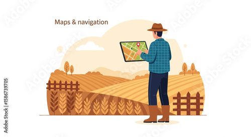 Agricultural Navigation Farmer Using Tablet For Location in Harvest Season
